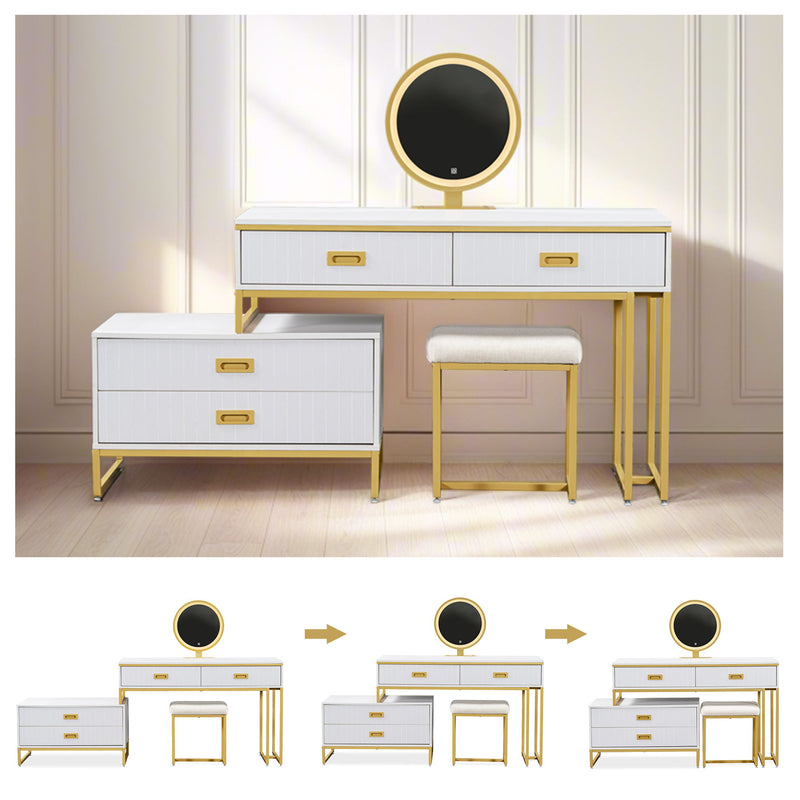 Modern Style Vanity Table With Movable Side Cabinet And 4 Drawers, Large Size Dressing Table With Mirror And 3 Colors Led Light, Makeup Table With Stool - White / Golden