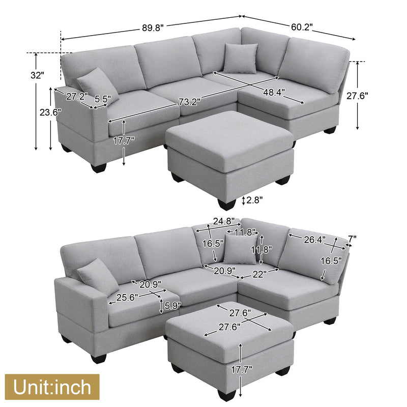 Modern Sectional Sofa, 5-Seat Modular Couch Set With Convertible Ottoman, L-Shape Linen Fabric Corner Couch Set With 2 Pillows For Living Room, Apartment, Office