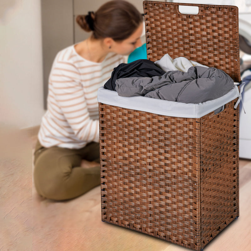 Laundry Hamper With Lid PE Rattan Powder Coating Frame Clothes Hampers With 2 Removable Bags