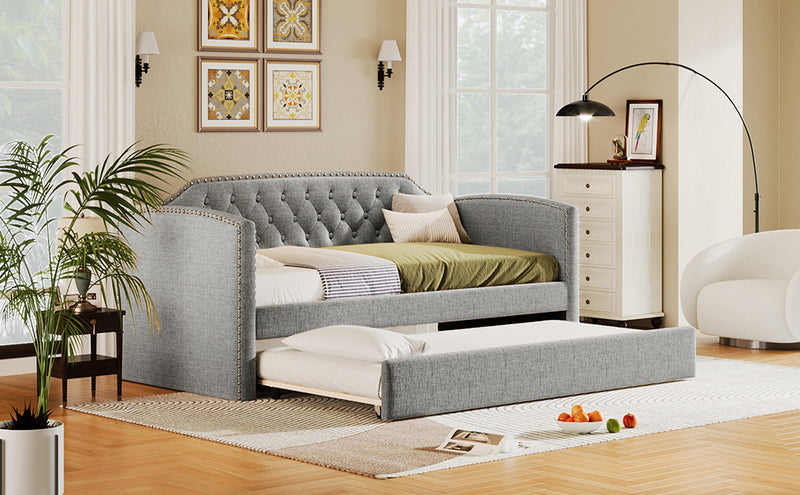 Twin Size Upholstered Daybed with Trundle for Guest Room, Small Bedroom, Study Room, Gray