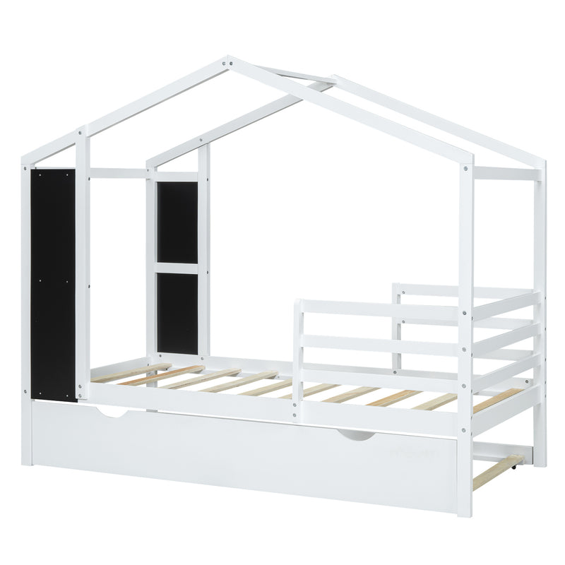 Twin Size Wood House Bed with Fence and Writing Board, White