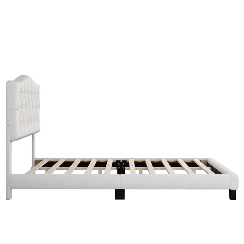 King Upholstered Platform Bed With Saddle Curved Headboard And Diamond Tufted Details - Beige