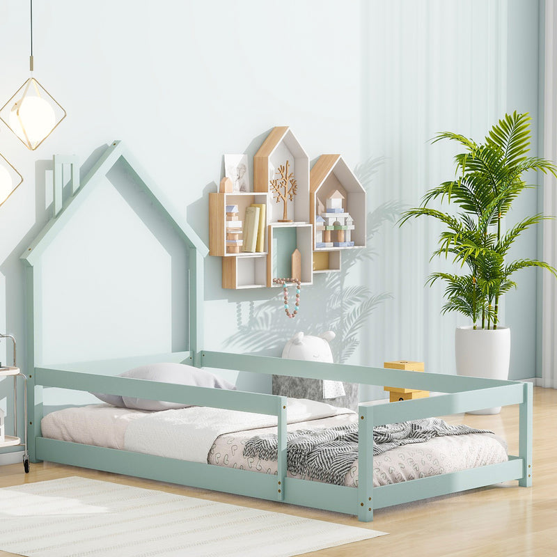 Twin Size Wood bed with House-shaped Headboard Floor bed with Fences,Light Green