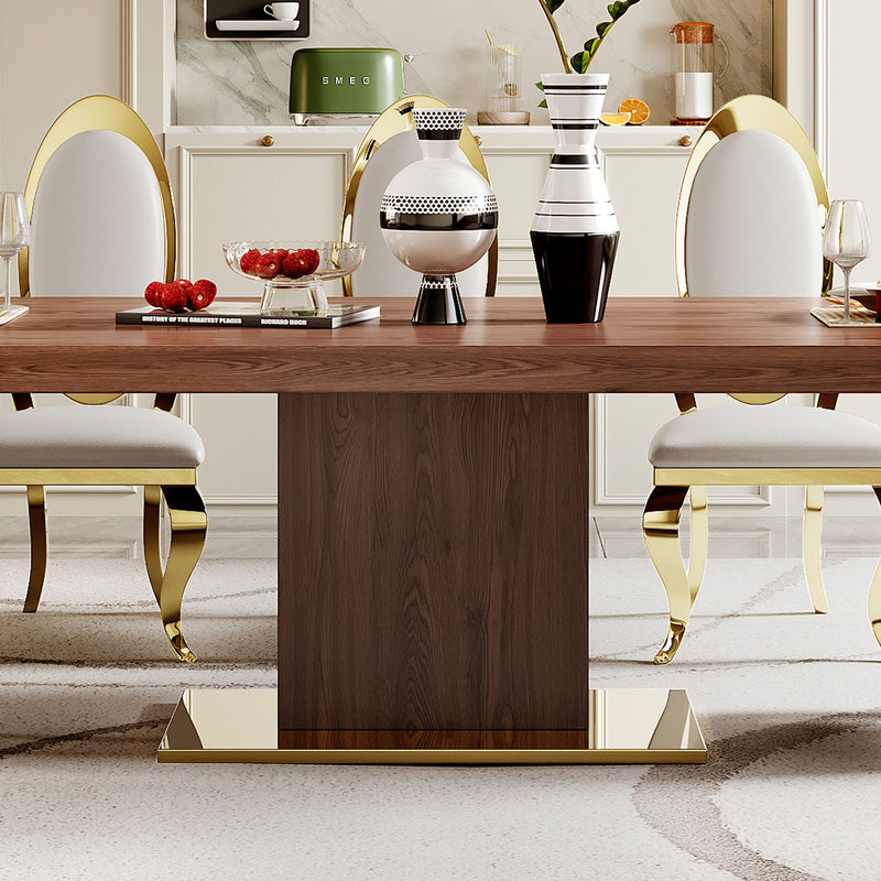 MDF Top Dining Table With Gold Finish Corner, MDF Pillar And Gold Finish Stainless Steel Base