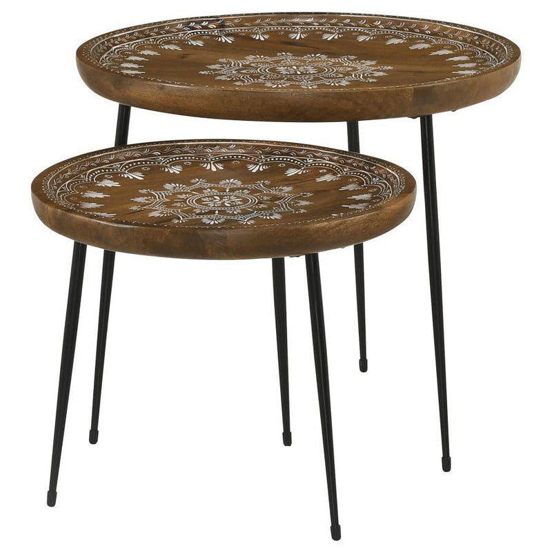 Nuala - 2 Piece Round Nesting Table With Tripod Tapered Legs - Honey And Black