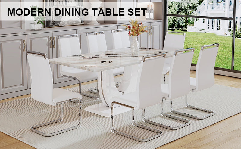 Table and chair set, modern minimalism and luxurious white rectangular pattern dining table.  Soft and comfortable dining chair, for dining room, living room, terrace and kitchen.