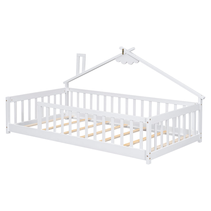 Twin House-Shaped Bedside Floor Bed with Guardrails, Slats, without Door,White