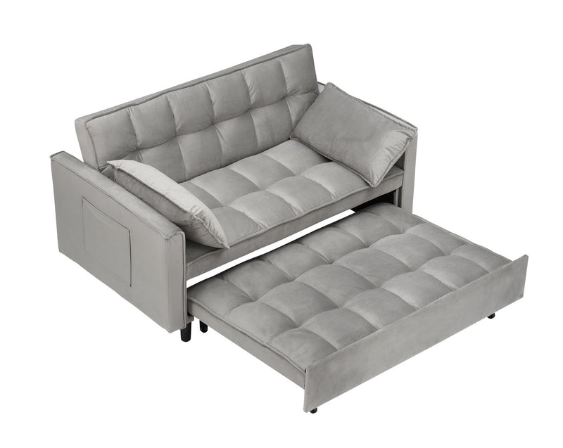 Modern Velvet Loveseat Futon Sofa Couch Pullout Bed, Small Love Seat Lounge Sofa With Reclining Backrest, Toss Pillows, Pockets, Furniture For Living Room, 3 In 1 Convertible Sleeper Sofa Bed - Gray