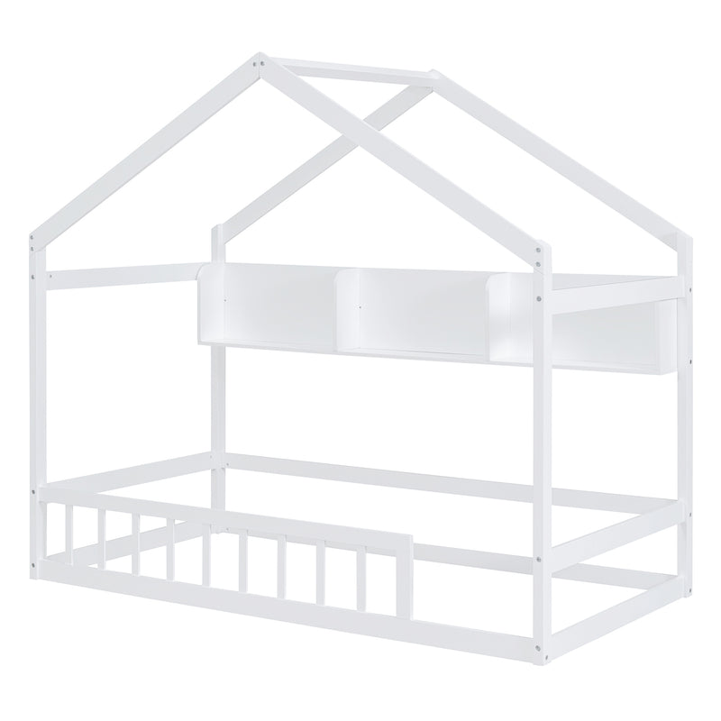 Wooden Twin Size House Bed with Storage Shelf,Kids Bed with Fence and Roof, White