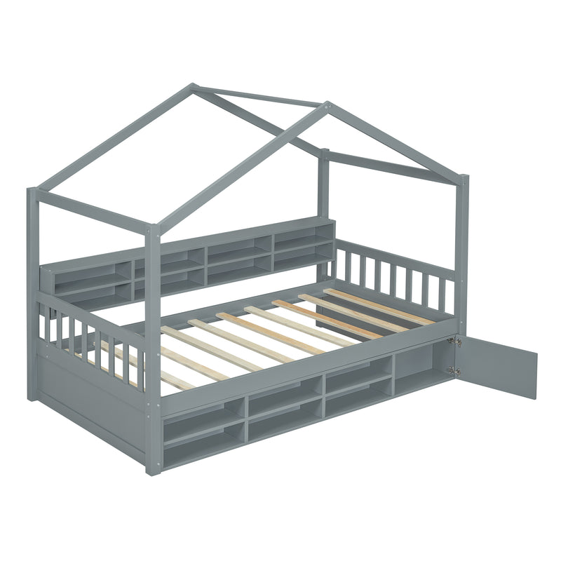 Twin Size Wooden House Bed with Shelves and a Mini-cabinet, Gray