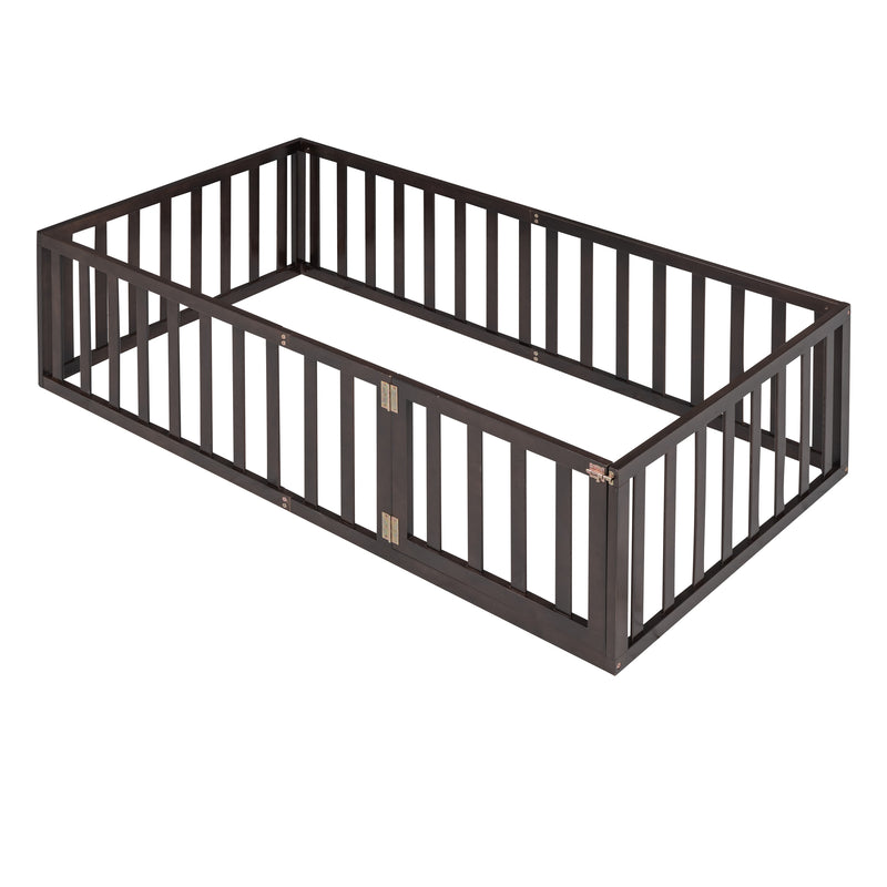 Twin Size Wood Floor Bed Frame with Fence and Door, Walnut(OLD SKU :WF289661AAL)