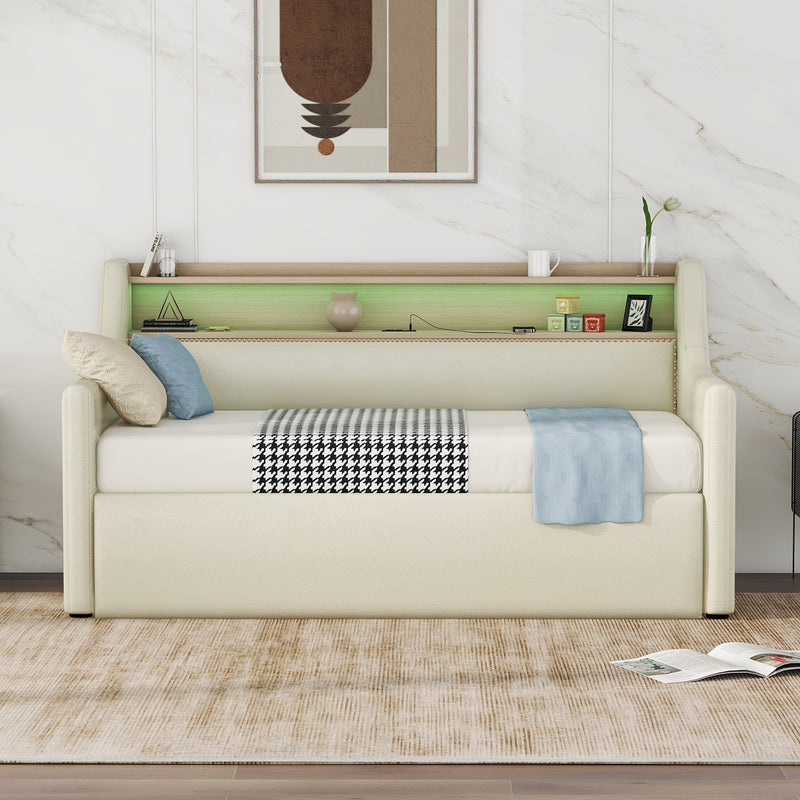 Twin Size Daybed with Hydraulic Storage, Upholstered Daybed with Lift Up Storage, Twin Leather Daybed with Charging Station and LED Lights,Beige