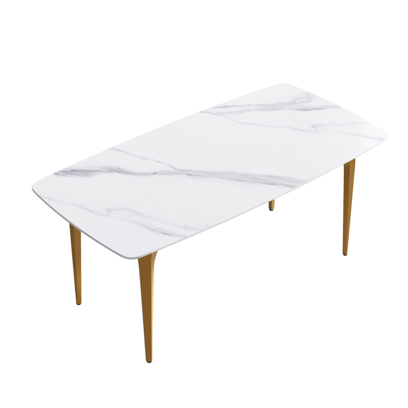 70.87" Modern Artificial Stone White Curved Golden Metal Leg Dining Table, Can Accommodate 6-8 People - White