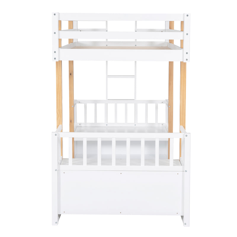 Wood Twin Size Loft Bed with 2 Seats and a Ladder, White