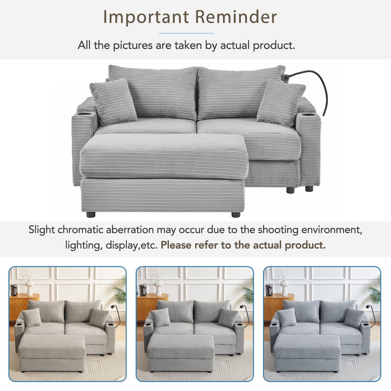 Modern Style Loveseat Sofa Sectional Sofa Couch With Storage Space, A Movable Ottoman, Two USB Ports, Two Cup Holders, A Phone Holder For Living Room