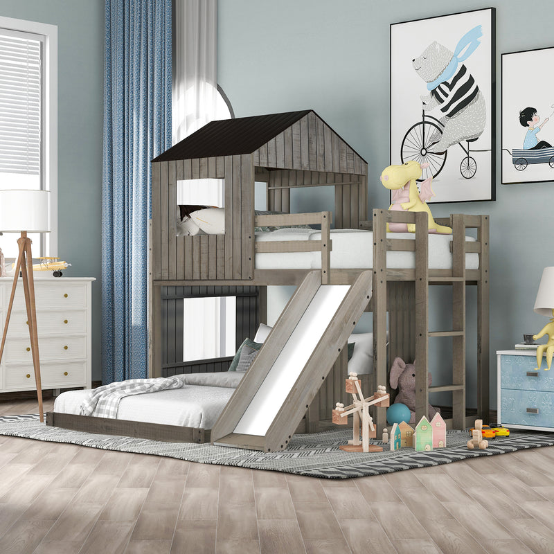 Wooden Twin Over Full Bunk Bed, Loft Bed with Playhouse, Farmhouse, Ladder, Slide and Guardrails, Antique Gray(OLD SKU :LT000028AAE)