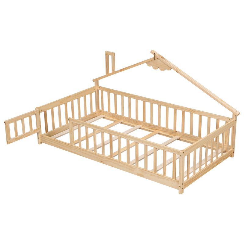 Twin House-Shaped Bedside Floor Bed with Guardrails, Slats, with Door,Natural