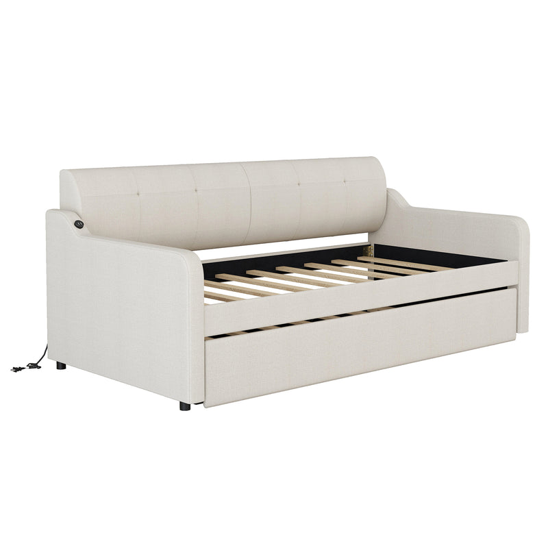 Twin Size Upholstery Daybed with Trundle and USB Charging Design,Trundle can be flat or erected,Beige