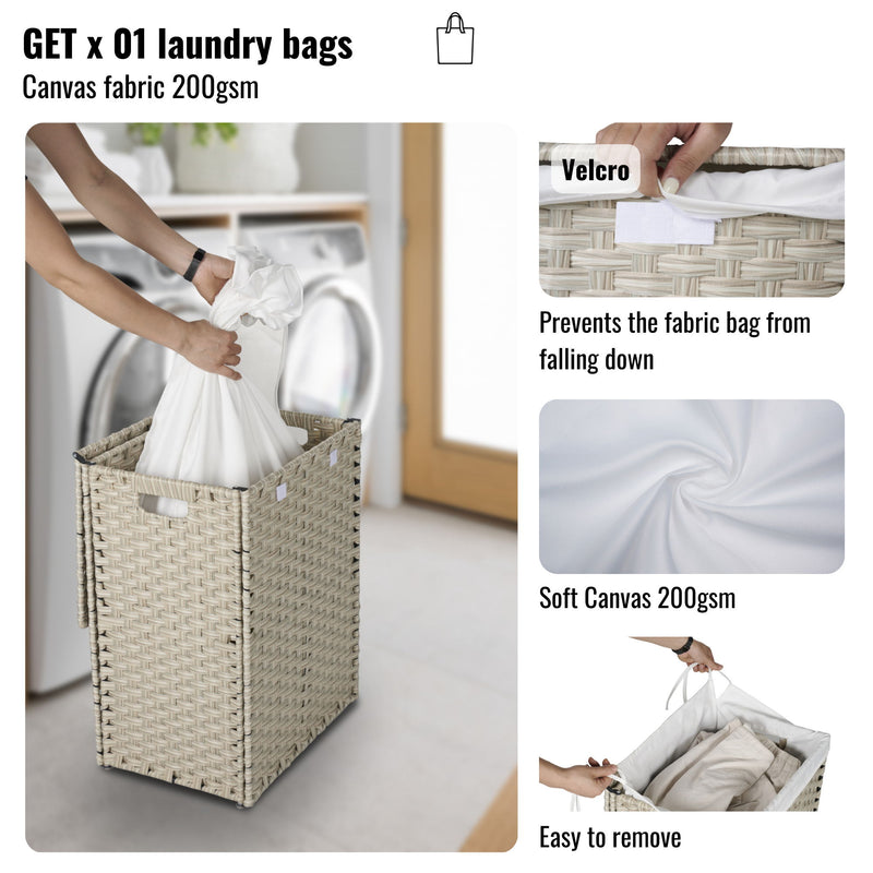 Laundry Hamper With Lid PE Rattan Powder Coating Frame Clothes Hampers With 2 Removable Bags