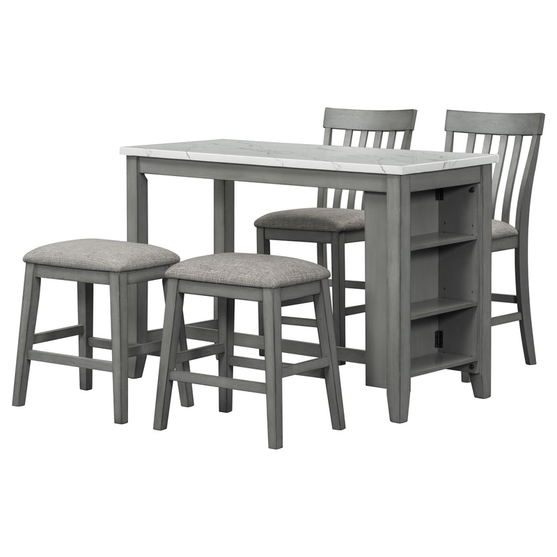 5 Piece Counter Height Dining Table Set With Built-In Storage Shelves - Gray