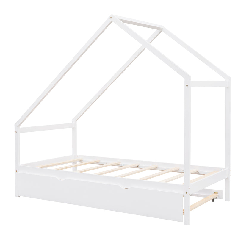 Twin Size Wooden House Bed With Twin Size Trundle, White