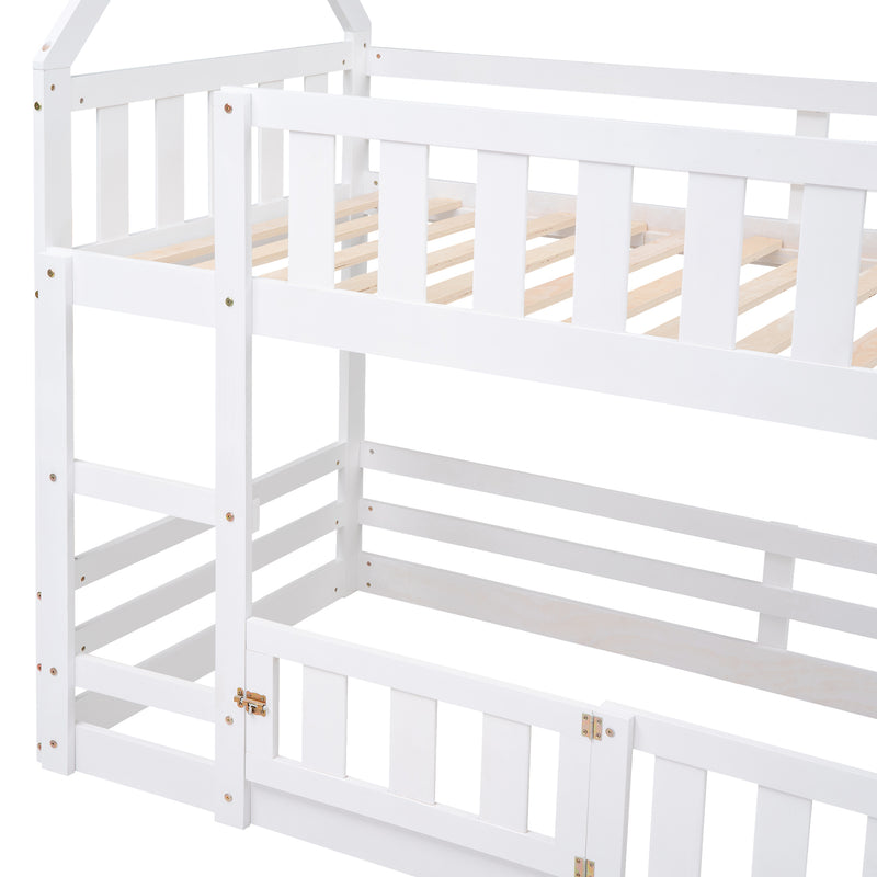 Twin over Twin House Bunk Bed with Fence and Door, White