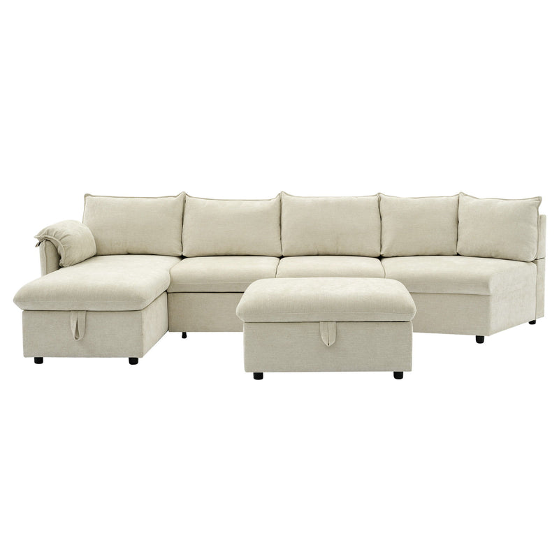 L-Shaped Sofa Sectional Sofa Couch Pull-Out Sofa Bed With A Movable Storage Ottoman, A Storage Chaise Lounge And Two USB Ports For Living Room