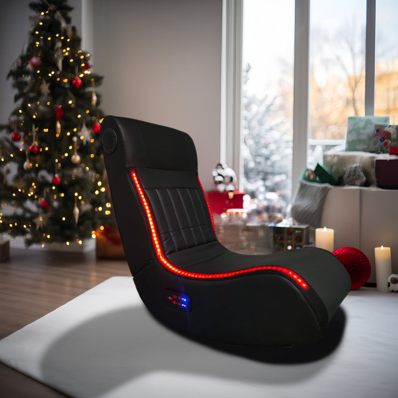 Foldable Gaming Chair With Onboard Speakers, LED Strip Lighting, Bluetooth Music Speakers, Vibration Massage, USB Charging Port - Black