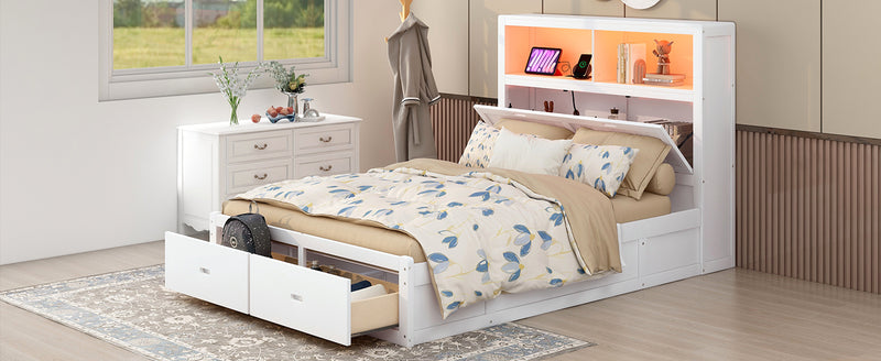 Wood Queen Size Hydraulic Platform Bed with Storage LED Headboard, Charging Station and 2 Drawers, White