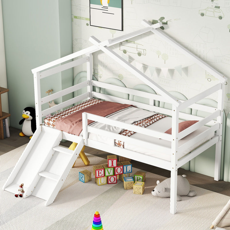 Low Loft House Bed With Slide, Ladder, Safety Guardrails, House Roof Frame