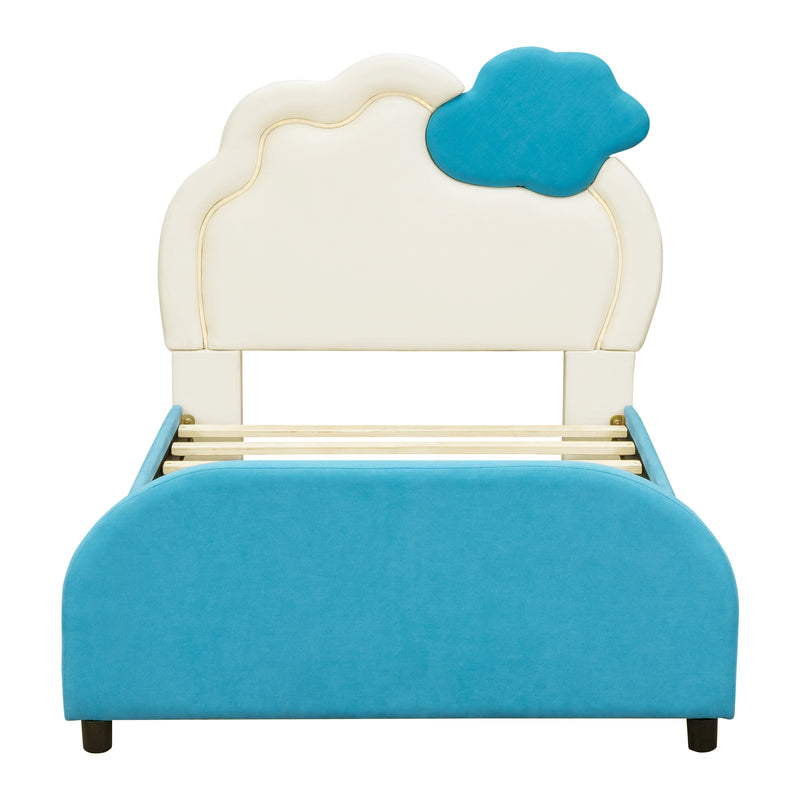 Twin Size Upholstered Platform Bed with Cloud-Shaped Headboard and Embedded Light Stripe, Velvet, Blue