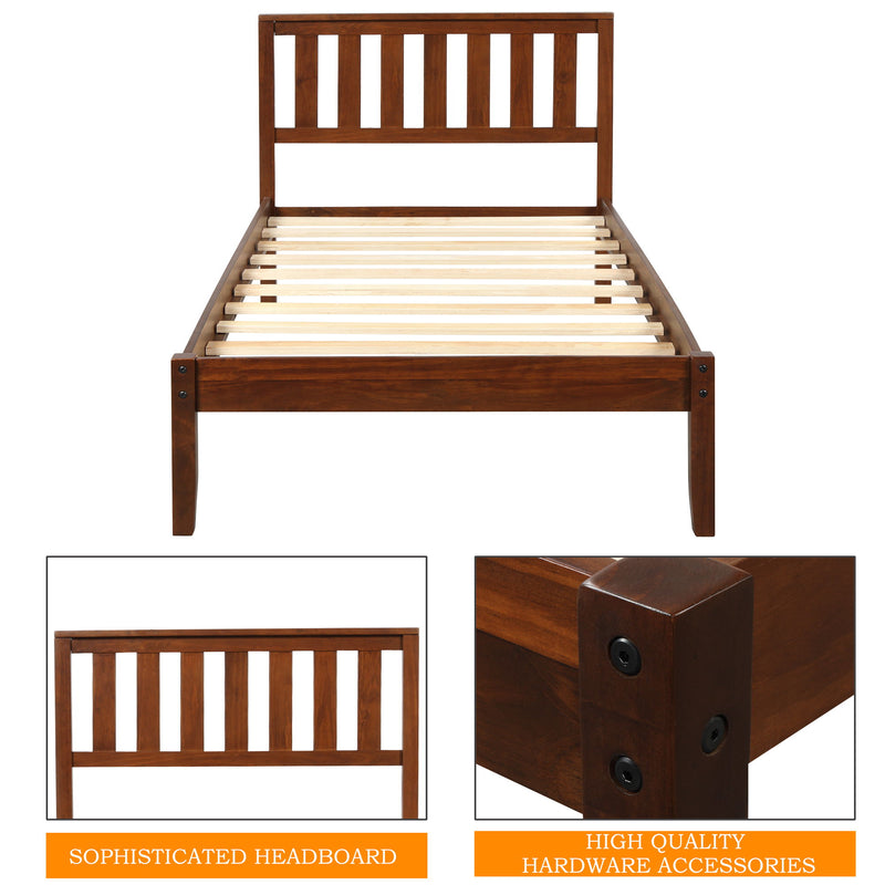 Twin Platform Bed With Headboard / Wood Slat Support - Walnut