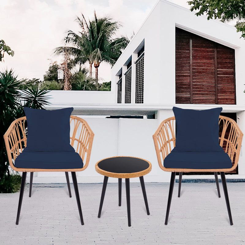 3 Piece Patio Bistro Set With Side Table, Outdoor PE Rattan Conversation Chair Set, Furniture Of Coffee Table With Glass Top, Cushions & Lumbar Pillows For Garden, Backyard, Balcony Or Poolside - Blue