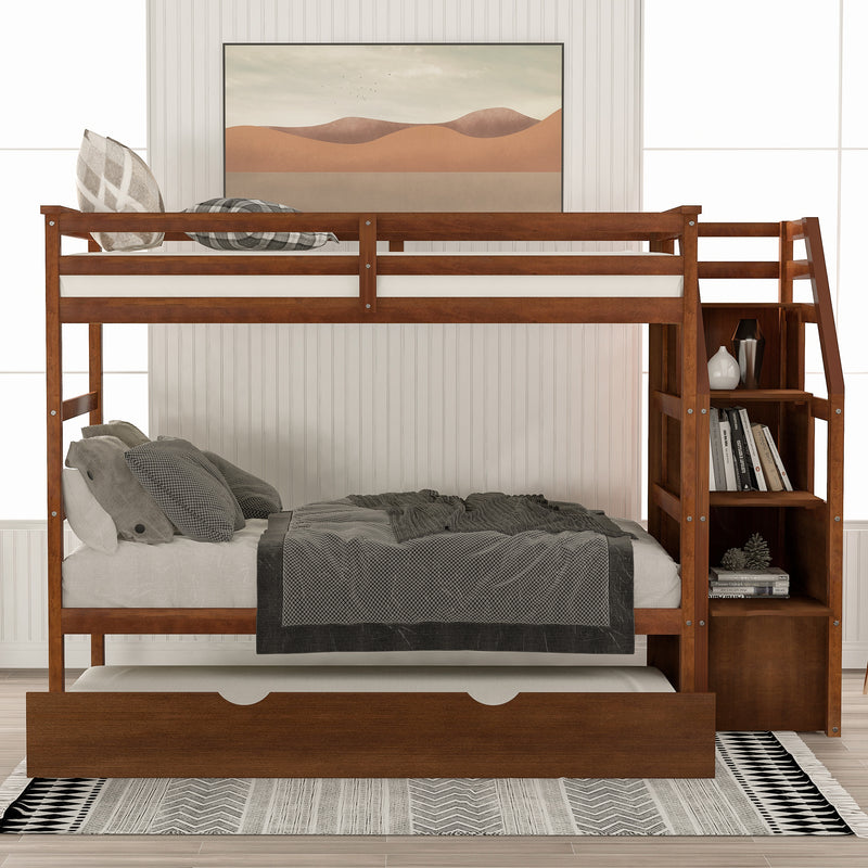 Twin-Over-Twin Bunk Bed with Twin Size Trundle and 3 Storage Stairs,Walnut (OLD SKU :LP000064AAD)