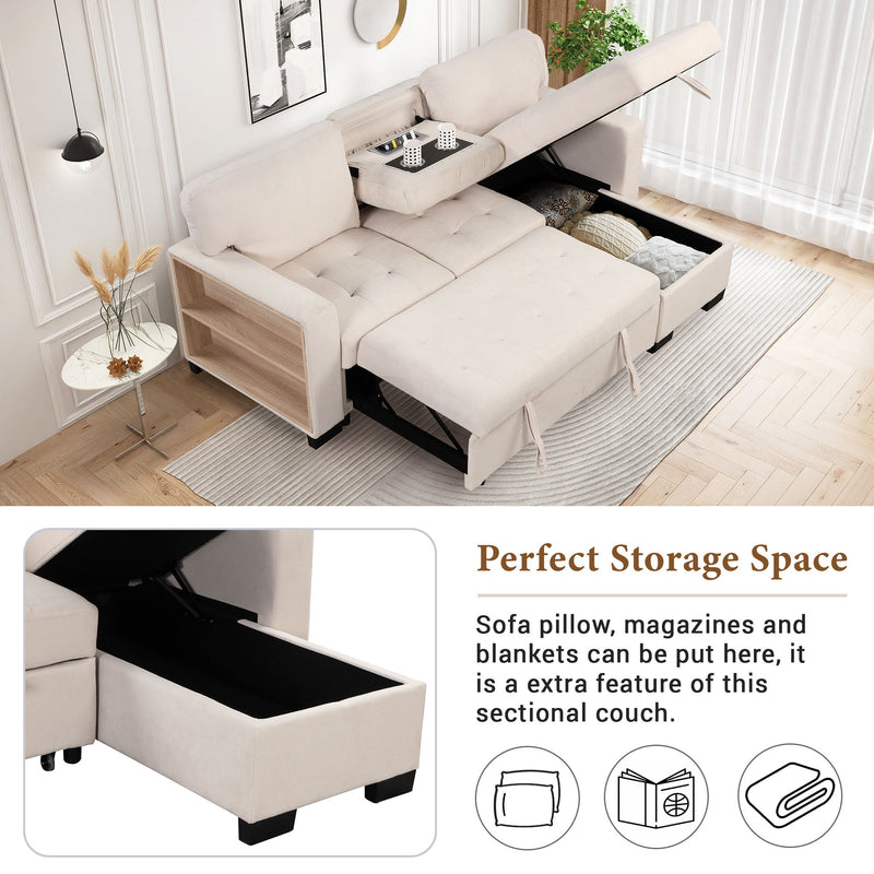 Stylish And Functional Light Chaise Lounge Sectional With Storage Rack Pull-Out Bed Drop Down Table And USB Charger