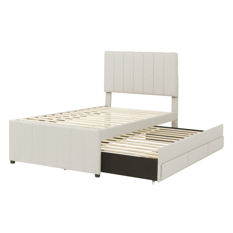 Twin Size Upholstered Platform Bed with Trundle and 3 Drawers, Linen Fabric, Beige