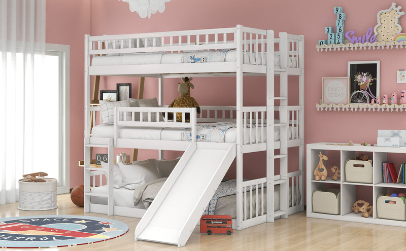 Full Over Full Over Full Triple Bed With Built In Ladder And Slide, Triple Bunk Bed With Guardrails - White