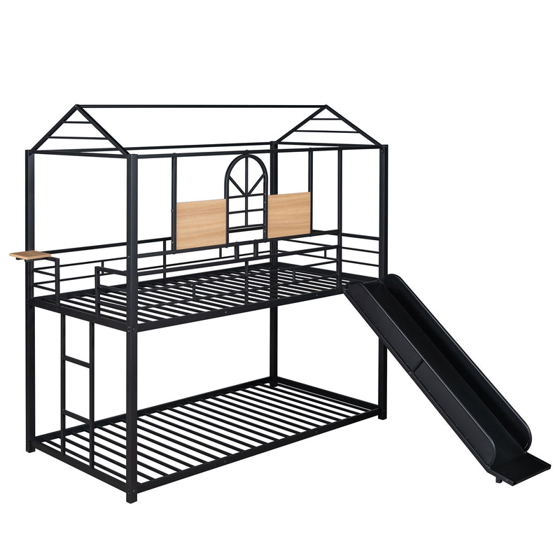 Twin Over Twin Metal Bunk Bed, Metal Housebed With Slide, Three Colors Available