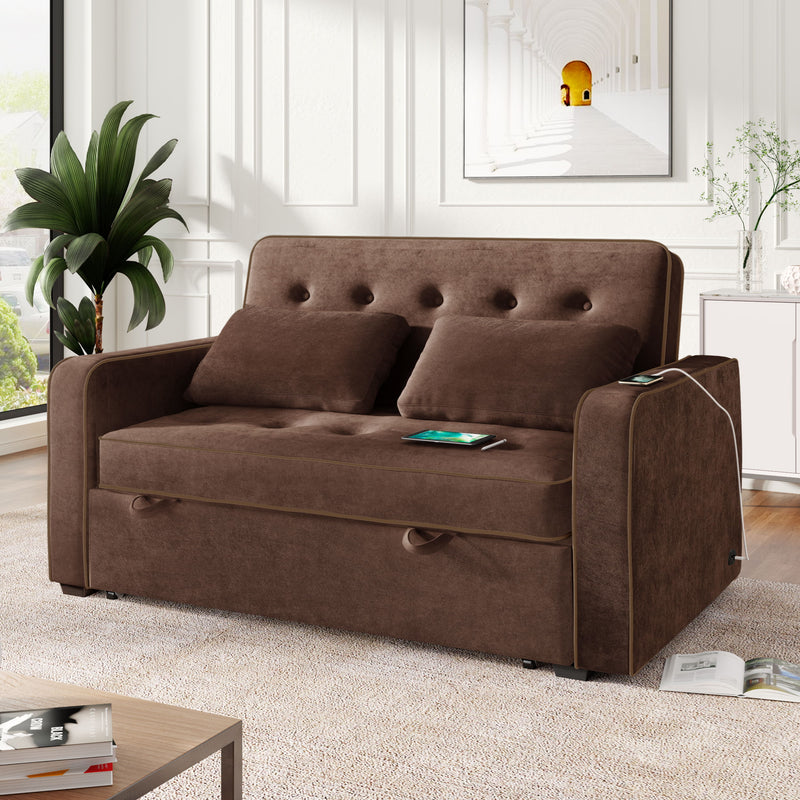 Upholstered Sleeper Bed, Pull Out Sofa Bed Couch Attached Two Throw Pillows, Dual USB Charging Port And Adjustable Backrest For Living Room Space - Brown