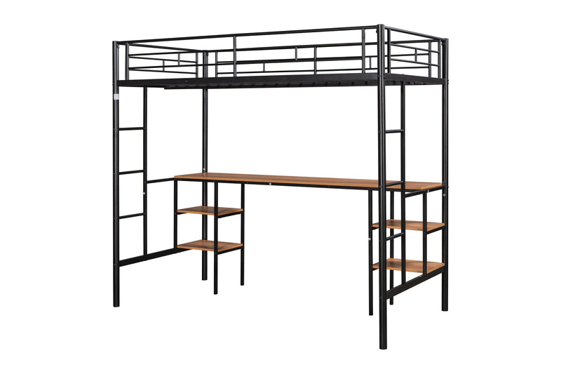 Twin-size Loft Bed with Table & Shelves/ Heavy-duty Sturdy Metal/ Built-in Table & Shelves/ Noise Reduced/ Safety Guardrail/ 2 Side Ladders/ CPC Certified/ No Box Spring Needed