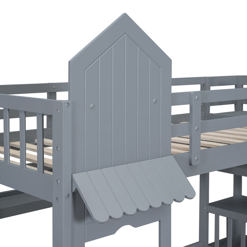 Twin-Over-Twin Castle Style Bunk Bed with 2 Drawers 3 Shelves and Slide - Gray