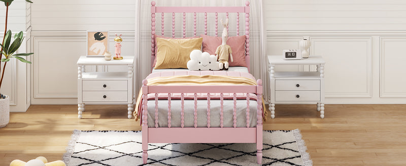 Twin Size Wood Platform Bed with Gourd Shaped Headboard and Footboard, Pink