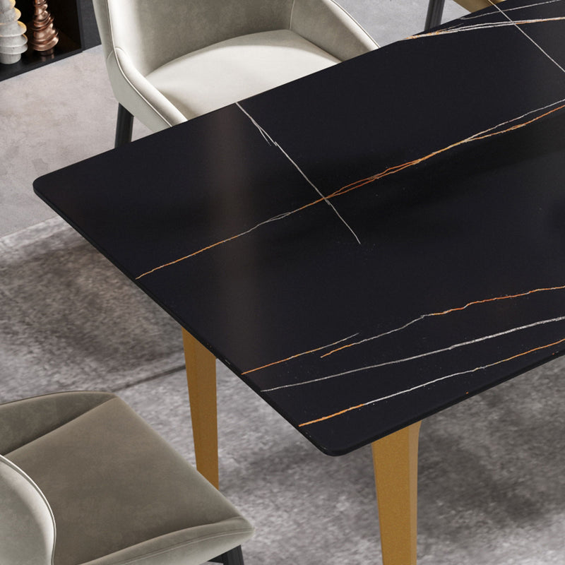 63" Modern Artificial Stone Black Straight Edge Golden Metal Leg Dining Table - Black / Gold