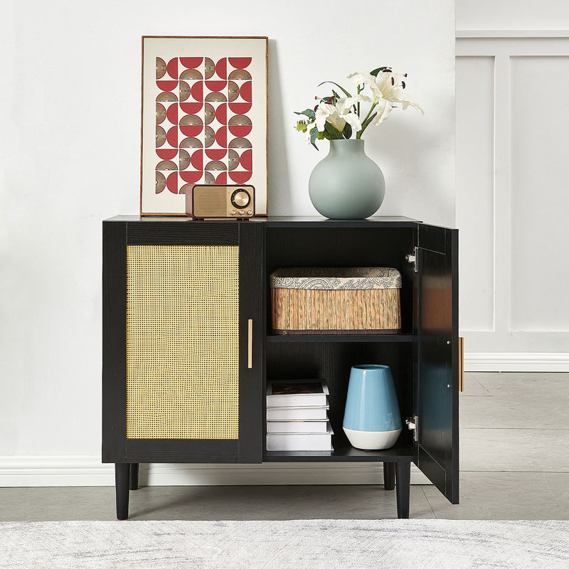 Side Panel Buffet Cabinet With Natural Rattan Door, Rattan Storage Cabinet With Adjustable Shelves, Side Panel And Buffet With Storage Space, Modern Console Cabinet In Bedroom And Living Room - Black / Beige