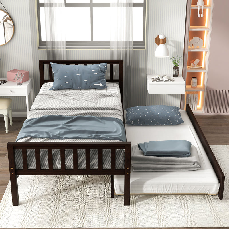 Twin Bed with Trundle, Platform Bed Frame with Headboard and Footboard, for Bedroom Small Living Space,No Box Spring Needed,Espresso(Old SKU:W50440557)