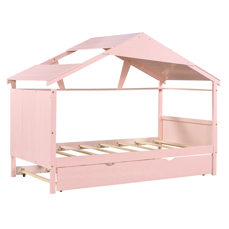 Wood Twin Size House Bed with Trundle and Storage, Pink