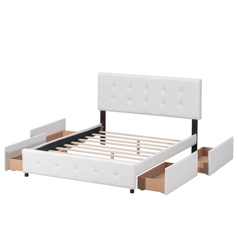 Queen Size Upholstered Platform Bed With Classic Headboard And 4 Drawers, No Box Spring Needed - White