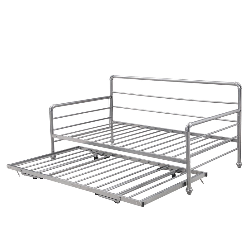 Twin Size Daybed with Adjustable Trundle, Pop Up Trundle, Silver