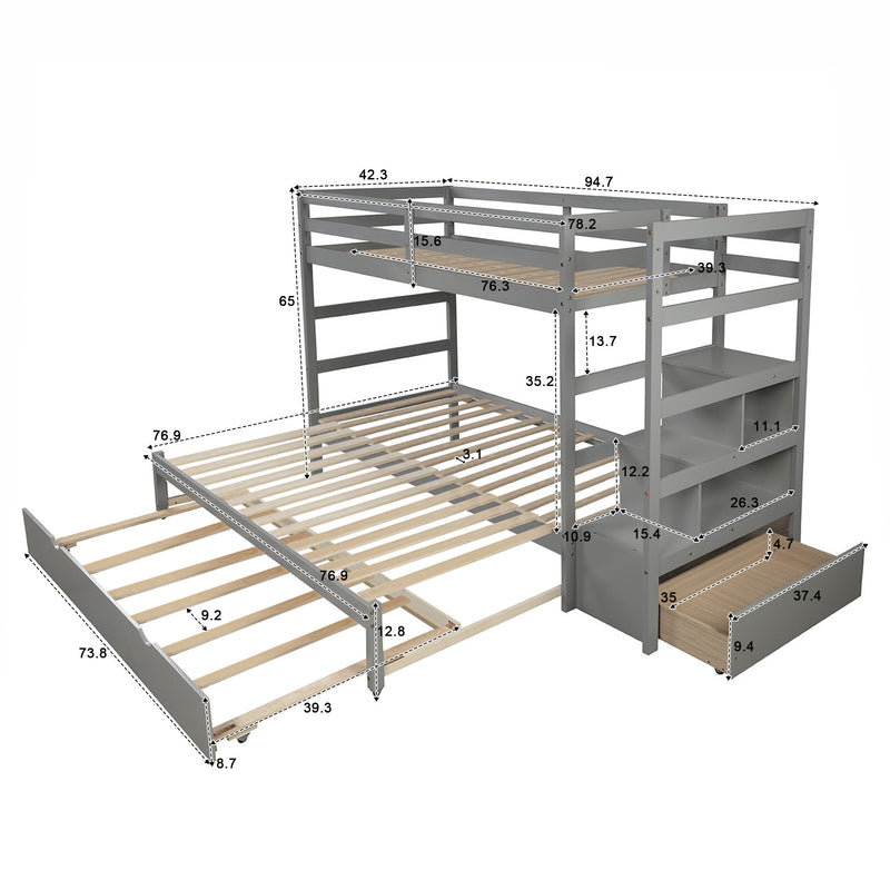 Twin over Twin/King (Irregular King Size) Bunk Bed with Twin Size Trundle, Extendable Bunk Bed   (Gray)(OLD SKU :LP000032AAE)