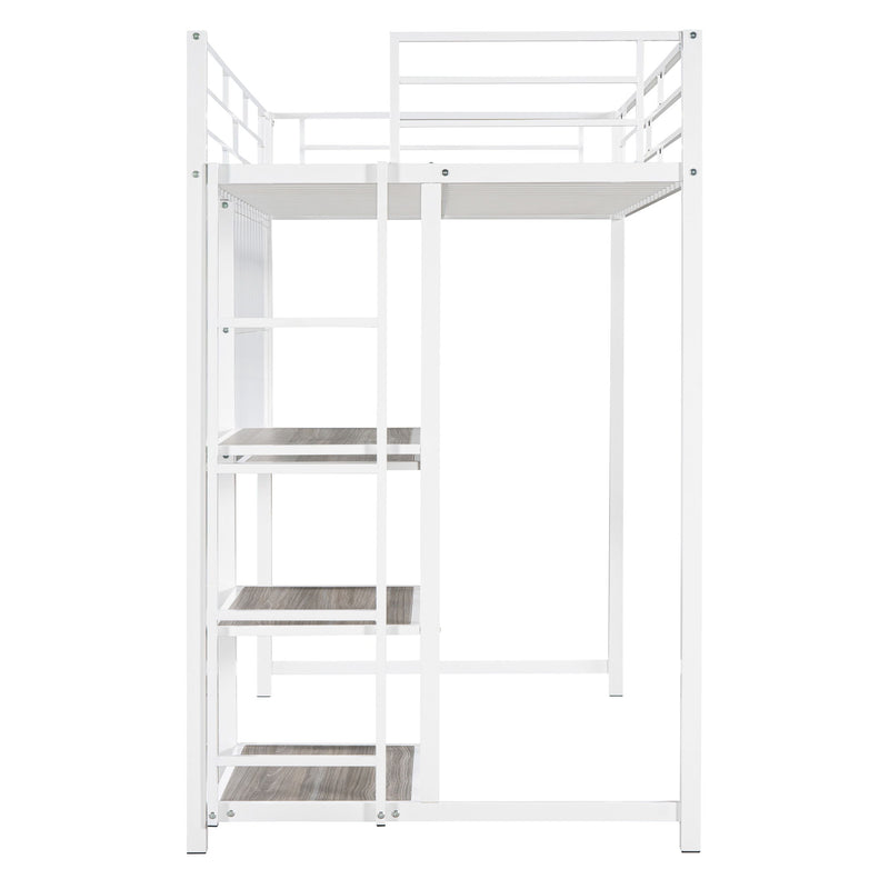 Twin Size Loft Bed With Desk And Whiteboard, Metal Loft Bed With 3 Shelves And Ladder - White